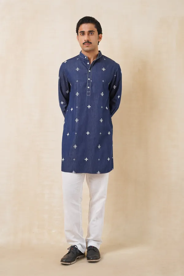 Dark_Blue_Denim_Short_Embroidery_Kurta_For_Men