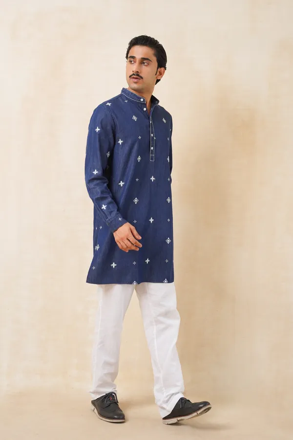 Dark_Blue_Denim_Short_Embroidery_Kurta_For_Men