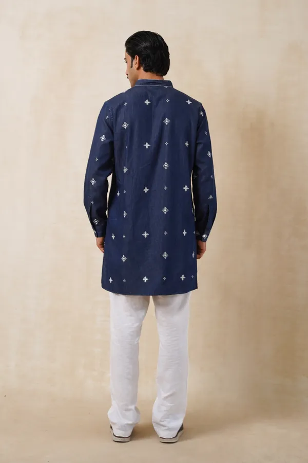 Dark_Blue_Denim_Short_Embroidery_Kurta_For_Men