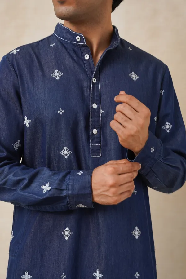 Dark_Blue_Denim_Short_Embroidery_Kurta_For_Men