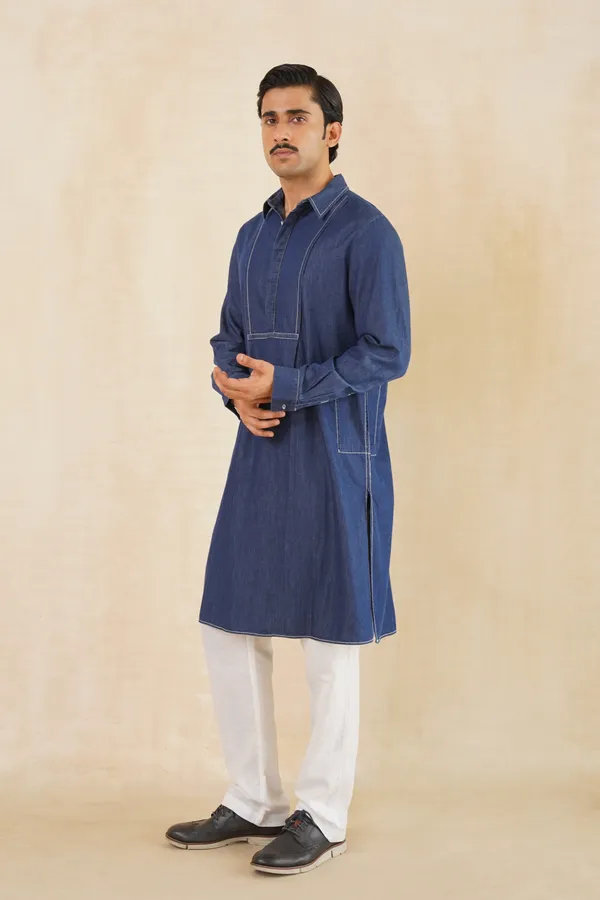 Dark_Blue_Denim_Long_Kurta_For_Men