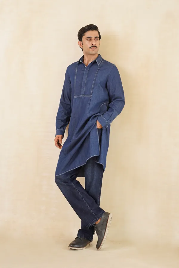 Dark_Blue_Denim_Long_Kurta_For_Men