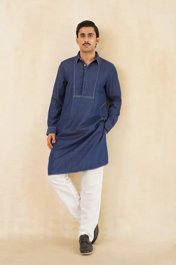 Dark_Blue_Denim_Long_Kurta_For_Men