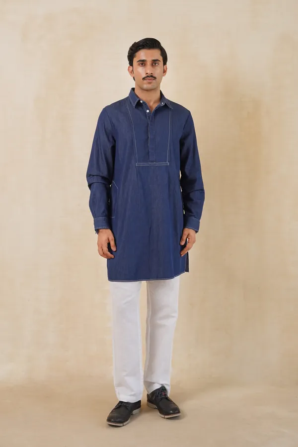Dark_Blue_Denim_Short_Kurta_For_Men