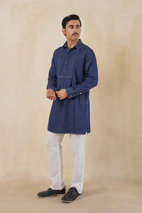 Dark_Blue_Denim_Short_Kurta_For_Men