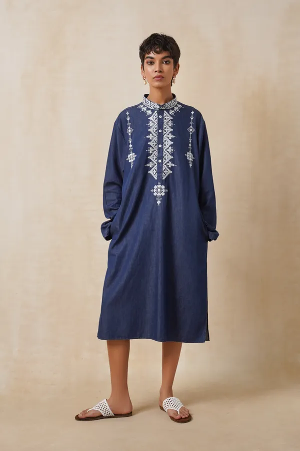 Dark_Blue_Denim_Long_Embroidery_Kurta_For_Women