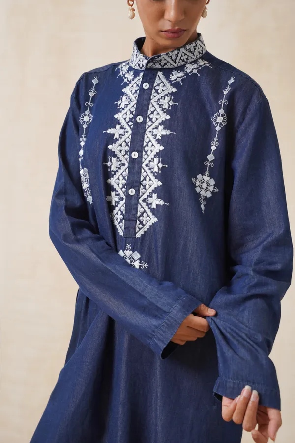 Dark_Blue_Denim_Long_Embroidery_Kurta_For_Women