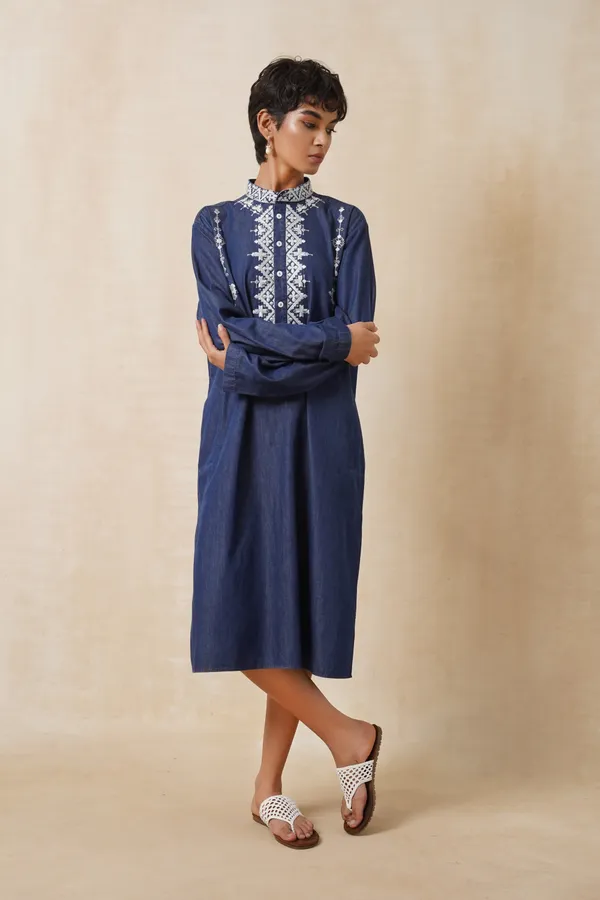 Dark_Blue_Denim_Long_Embroidery_Kurta_For_Women