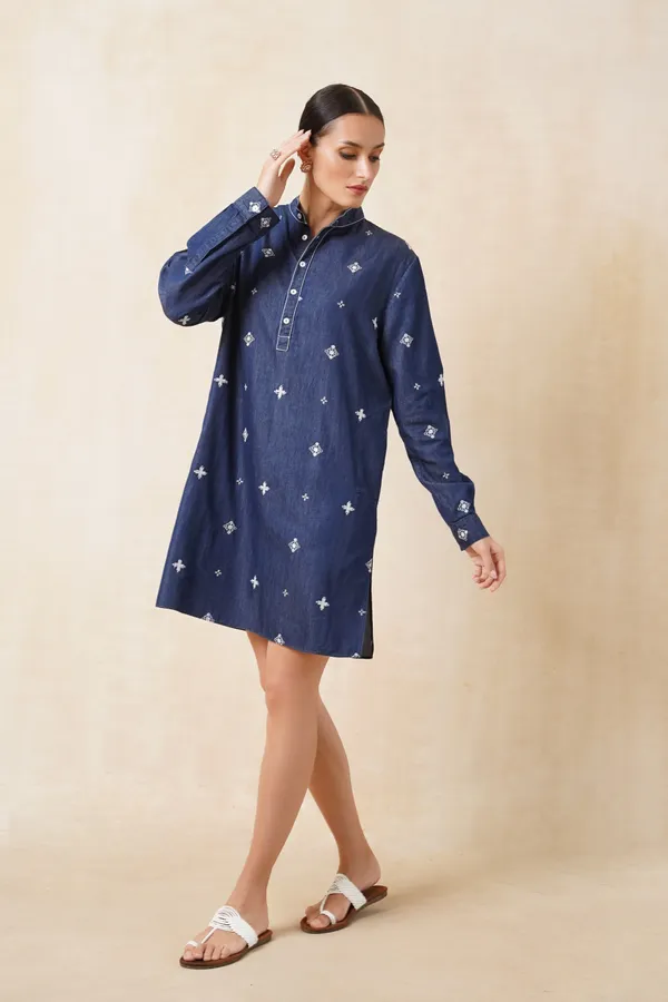 Dark_Blue_Denim_Short_Embroidery_Kurta_For_Women