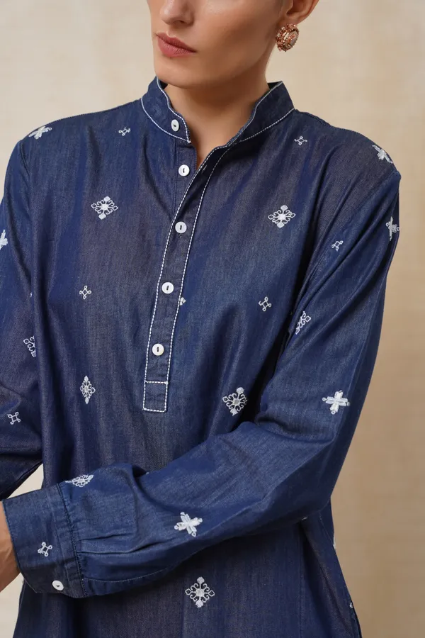 Dark_Blue_Denim_Short_Embroidery_Kurta_For_Women