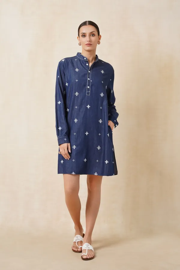 Dark_Blue_Denim_Short_Embroidery_Kurta_For_Women