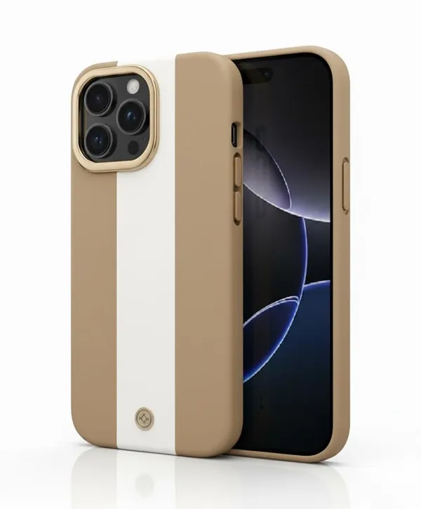 White_&_Brown_Premium_Sillicon_Case_For_Iphone16Pro_Max,_Tan_And_White_With_Gold_Accents,_Wireless_Compatible,_Executive_Style_Cover,_2Cm_Slim_Design