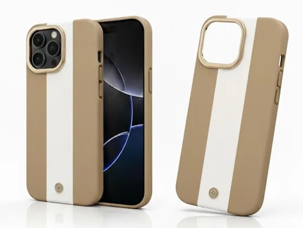 White_&_Brown_Premium_Sillicon_Case_For_Iphone16Pro_Max,_Tan_And_White_With_Gold_Accents,_Wireless_Compatible,_Executive_Style_Cover,_2Cm_Slim_Design