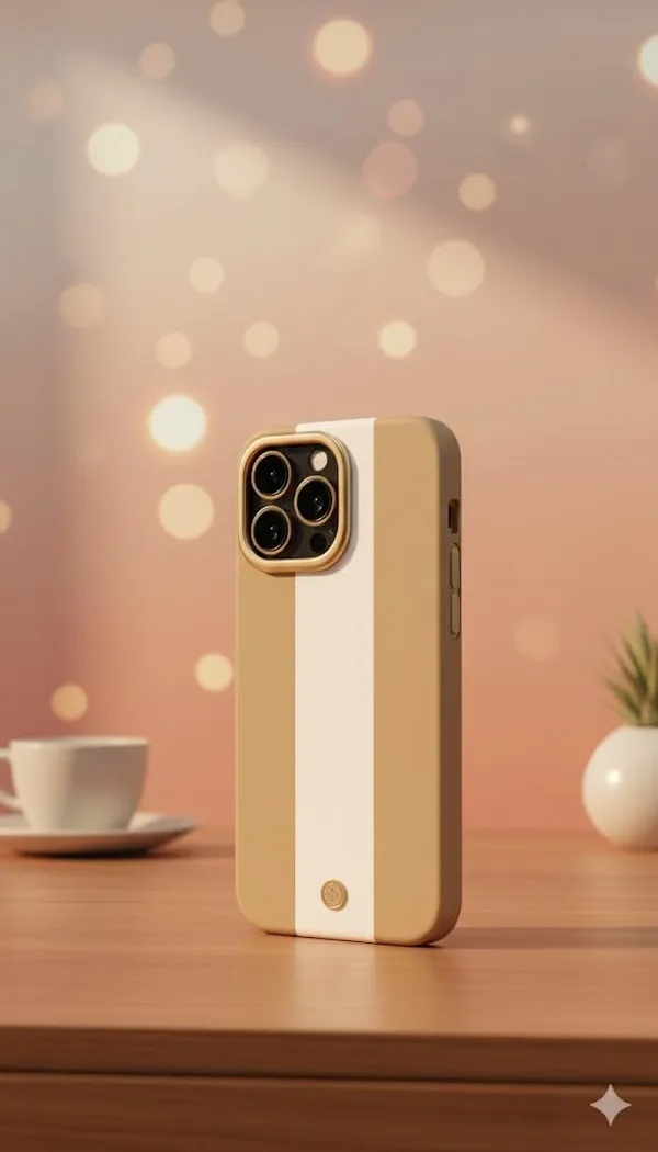 White_&_Brown_Premium_Sillicon_Case_For_Iphone16Pro_Max,_Tan_And_White_With_Gold_Accents,_Wireless_Compatible,_Executive_Style_Cover,_2Cm_Slim_Design