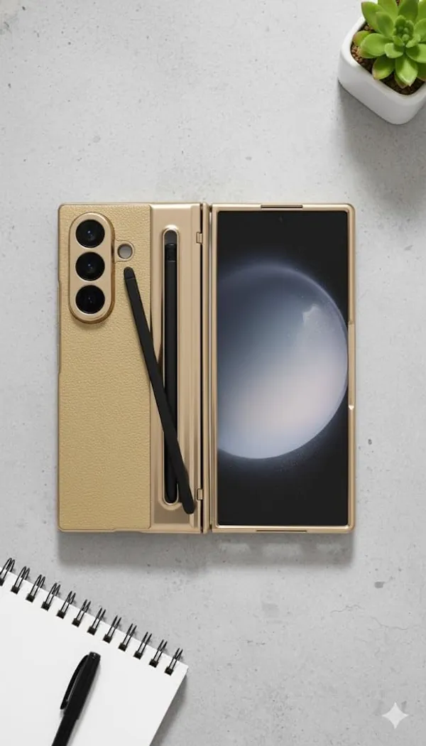 Golden_Premium_Protective_Case_For_Samsung_Galaxy_Z_Fold_7,_Gold,_Leather_Textured,_Built-In_Stylus_Holder_With_Screen_Protector