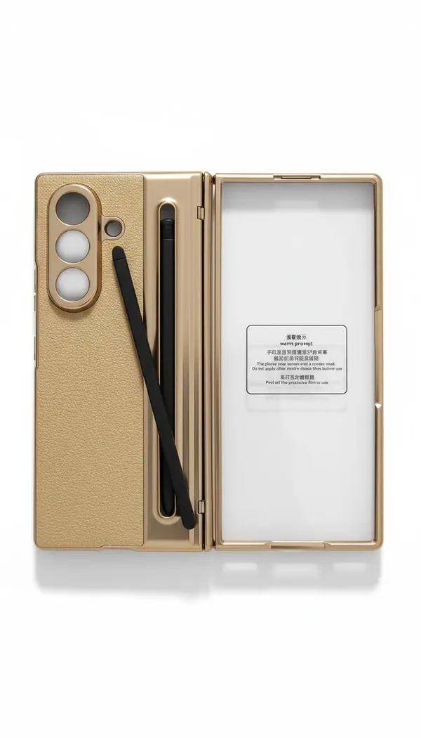Golden_Premium_Protective_Case_For_Samsung_Galaxy_Z_Fold_7,_Gold,_Leather_Textured,_Built-In_Stylus_Holder_With_Screen_Protector