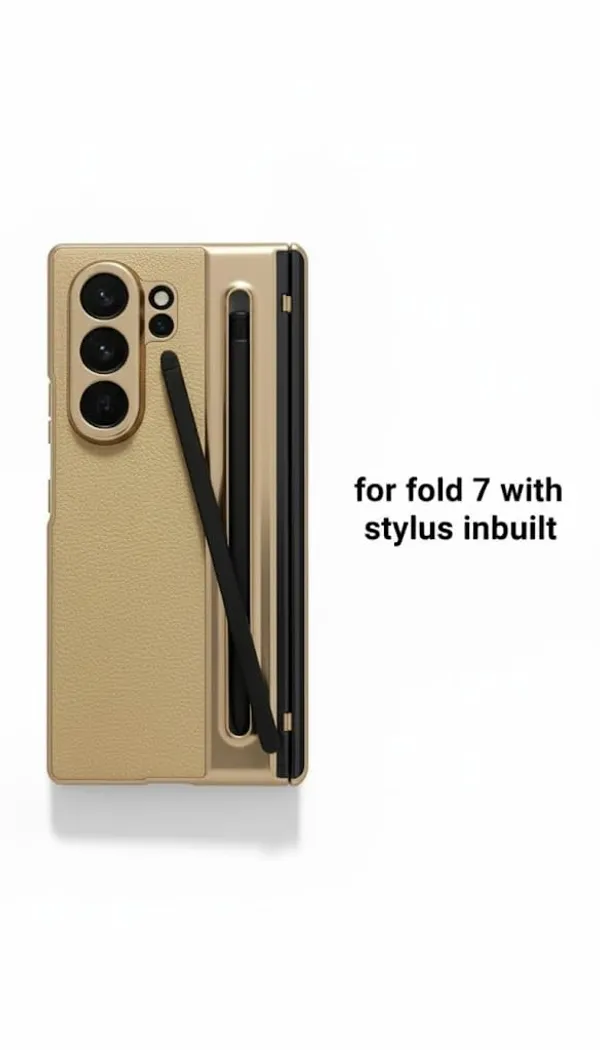 Golden_Premium_Protective_Case_For_Samsung_Galaxy_Z_Fold_7,_Gold,_Leather_Textured,_Built-In_Stylus_Holder_With_Screen_Protector