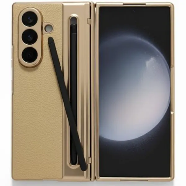 Golden_Premium_Protective_Case_For_Samsung_Galaxy_Z_Fold_7,_Gold,_Leather_Textured,_Built-In_Stylus_Holder_With_Screen_Protector