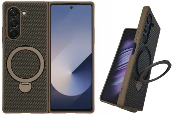 Brown_Carbon_Fiber_Ring_Holder_Wireless_Compatible_Case_For_Samsung_Z_Fold_6,_Premium_Soft_Leather,_Brown,_Scratchless,_Easy_Grip