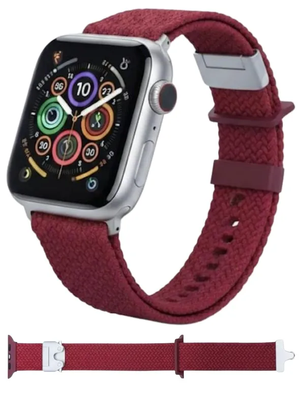 Maroon_Braided_Nylon_Watch_Band_For_Apple_Iwatch,_Red,_Stretchy_Comfortable_Design,_46Mm,_With_Easy_Hook_Clasp,_Durable_Woven_Material