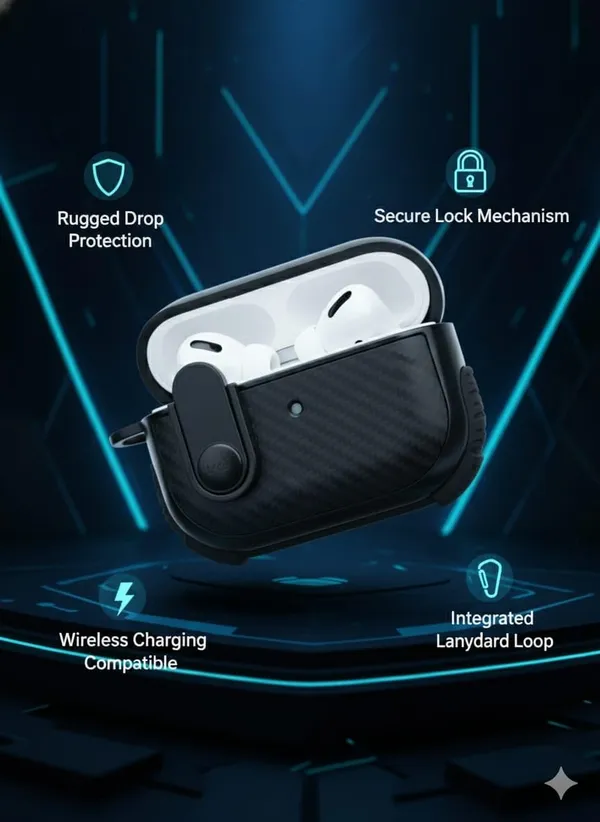 Black_Carbon_Fiber_Rugged_Case_For_Airpods_Pro_2_With_Secure_Lock,_Shockproof_Hard_Shell_Protective_Cover_With_Keychain,_Wireless_Charging_Compatible_For_Apple_Air_Pods_Pro_2