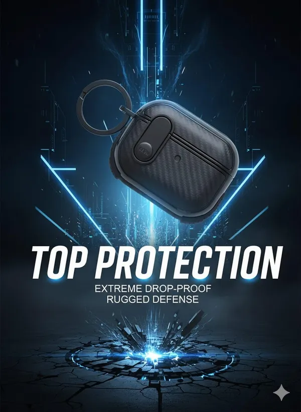 Black_Carbon_Fiber_Rugged_Case_For_Airpods_Pro_2_With_Secure_Lock,_Shockproof_Hard_Shell_Protective_Cover_With_Keychain,_Wireless_Charging_Compatible_For_Apple_Air_Pods_Pro_2