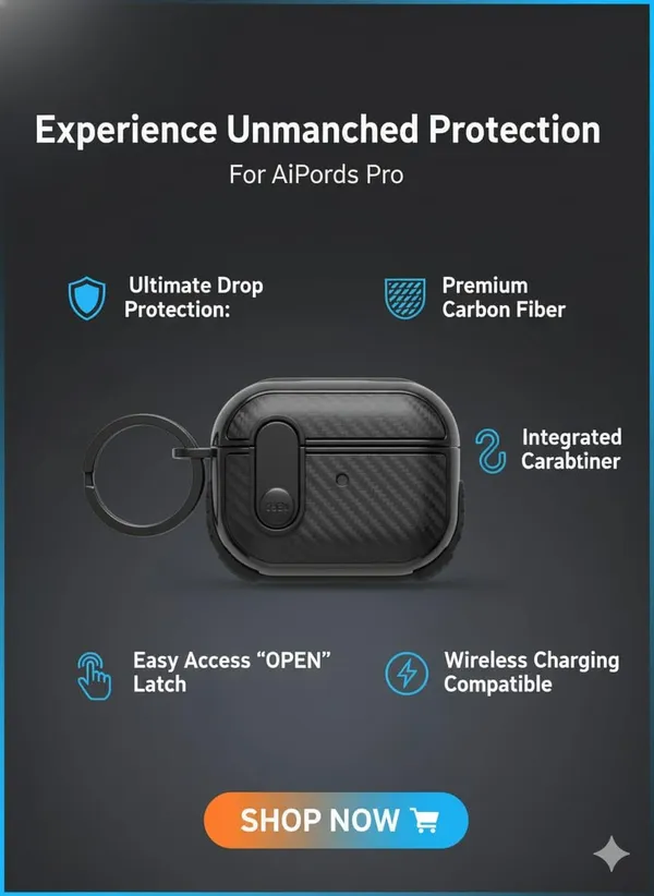 Black_Carbon_Fiber_Rugged_Case_For_Airpods_Pro_2_With_Secure_Lock,_Shockproof_Hard_Shell_Protective_Cover_With_Keychain,_Wireless_Charging_Compatible_For_Apple_Air_Pods_Pro_2