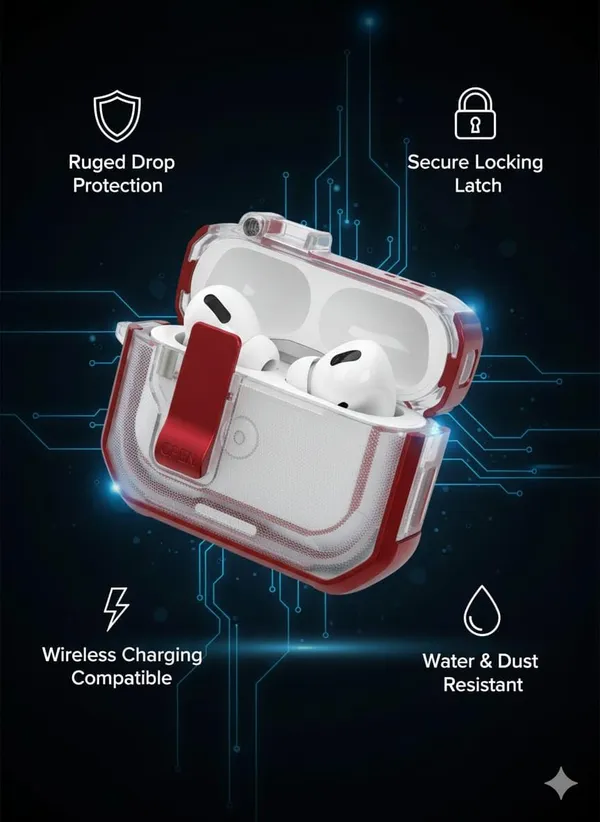 Multicolor_Premium_Waterproof_Case_For_Airpods_Pro_2,_Carabiner_Clip,_Clear_Hard_Shell_With_Red_Accents,_Shockproof_Protection,_Front_Lock_Mechanism,_Wireless_Charging_Compatible