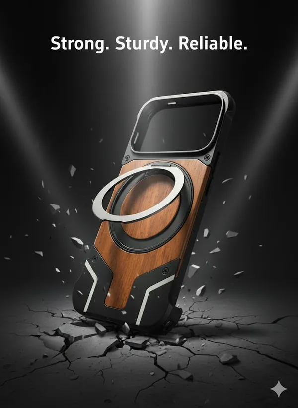 Black_&_Brown_Premium_Wood_And_Metal_Phone_Case_For_Iphone_17_Pro,_Water-Resistant_Design_With_Ring_Holder,_Protective_Bumper_Cover,_Wireless_Compatible