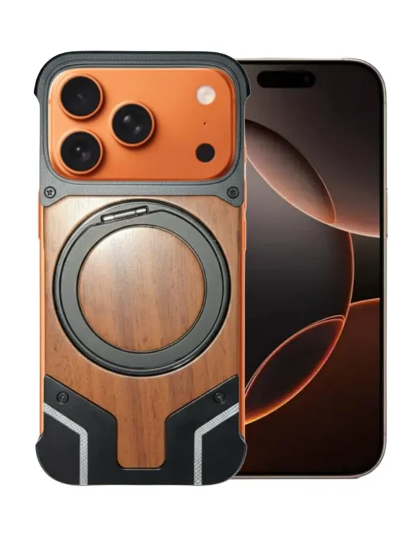 Black_&_Brown_Premium_Wood_And_Metal_Phone_Case_For_Iphone_17_Pro,_Water-Resistant_Design_With_Ring_Holder,_Protective_Bumper_Cover,_Wireless_Compatible