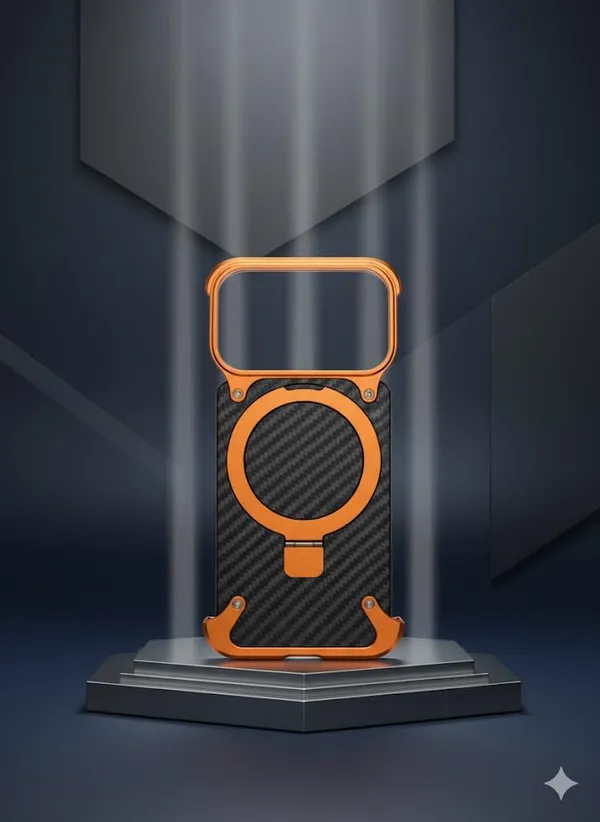 Orange_&_Black_Premium_Carbon_Fiber_Phone_Case_For_Iphone_17_Pro_Max,_Shockproof_With_Orange_Metal_Frame,_Military-Grade_Drop_Protection