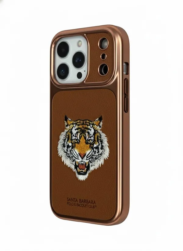 Brown_Sanata_Barbara_Polo_Racquet_Club_Premium_Tiger_Design_Case_For_Iphone_17_Pro,_Brown_Leather_With_Metal_Protective_Cover_With_Camera_Protection_(Iphone_17_Pro_Max)