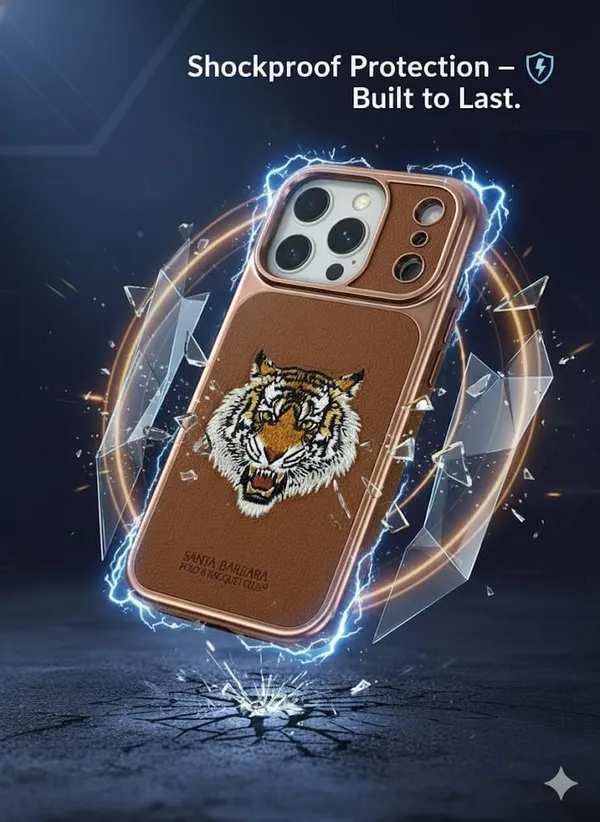 Brown_Sanata_Barbara_Polo_Racquet_Club_Premium_Tiger_Design_Case_For_Iphone_17_Pro,_Brown_Leather_With_Metal_Protective_Cover_With_Camera_Protection_(Iphone_17_Pro_Max)