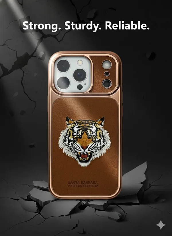 Brown_Sanata_Barbara_Polo_Racquet_Club_Premium_Tiger_Design_Case_For_Iphone_17_Pro,_Brown_Leather_With_Metal_Protective_Cover_With_Camera_Protection_(Iphone_17_Pro_Max)