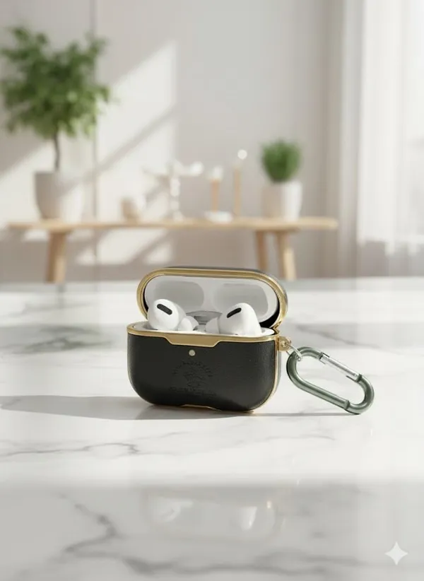 Olive_Green_Premium_Leather_Case_For_Airpods_Pro_2,_Strong_Grip,_Black_With_Gold_Trim,_Water-Resistant_Design