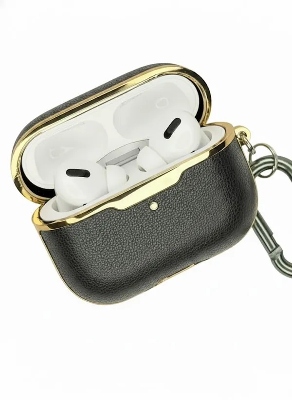 Olive_Green_Premium_Leather_Case_For_Airpods_Pro_2,_Strong_Grip,_Black_With_Gold_Trim,_Water-Resistant_Design
