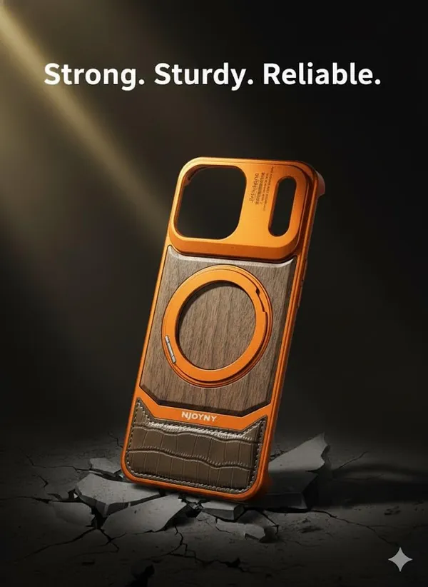 Orange_Ak_Premium_Wood_And_Leather_Case_For_Iphone_17_Pro_Max,_Metallic_Orange_Frame_With_Camera_Ring_Design,_Wireless_Charging_Compatible