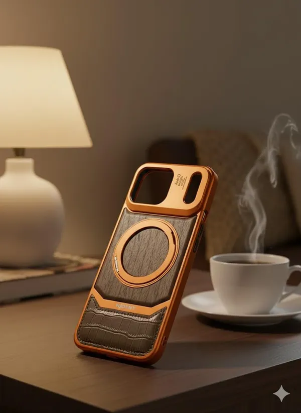 Orange_Ak_Premium_Wood_And_Leather_Case_For_Iphone_17_Pro_Max,_Metallic_Orange_Frame_With_Camera_Ring_Design,_Wireless_Charging_Compatible