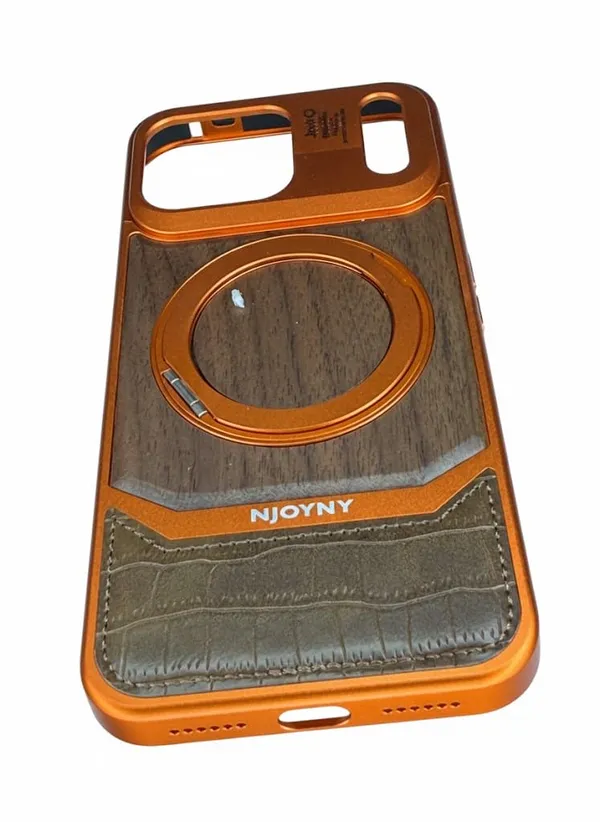 Orange_Ak_Premium_Wood_And_Leather_Case_For_Iphone_17_Pro_Max,_Metallic_Orange_Frame_With_Camera_Ring_Design,_Wireless_Charging_Compatible