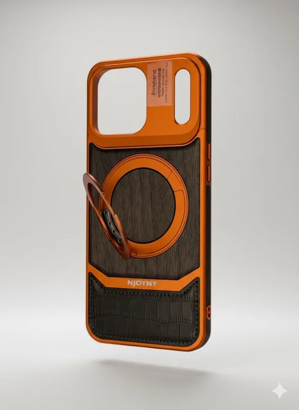 Orange_Ak_Premium_Wood_And_Leather_Case_For_Iphone_17_Pro_Max,_Metallic_Orange_Frame_With_Camera_Ring_Design,_Wireless_Charging_Compatible