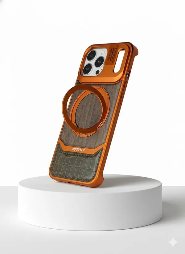 Orange_Ak_Premium_Wood_And_Leather_Case_For_Iphone_17_Pro_Max,_Metallic_Orange_Frame_With_Camera_Ring_Design,_Wireless_Charging_Compatible