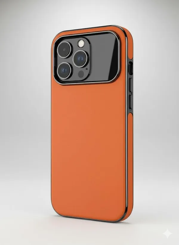 Orange_&_Black_Premium_Protective_Case_For_Iphone_17_Pro/Pro_Max,_Orange_Leather_With_Black_Metal_Frame,_Slim_Profile_Design,_Camera_Protection_(Iphone_17_Pro_Max)