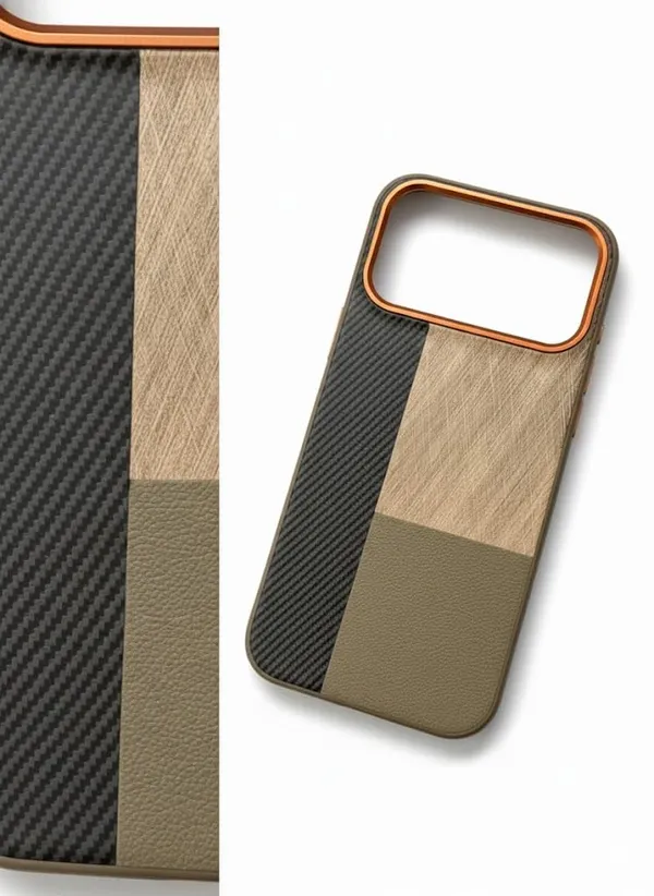 Black_&_Beige_Heena_Tri-Pattern_Case_For_Iphone_17_Pro_Carbon_Fiber_With_Brushed_Metal_And_Leather_Design,_Protective_Slim_Cover_(Black-Beige-Heena,_Iphone_17_Pro/Pro_Max)