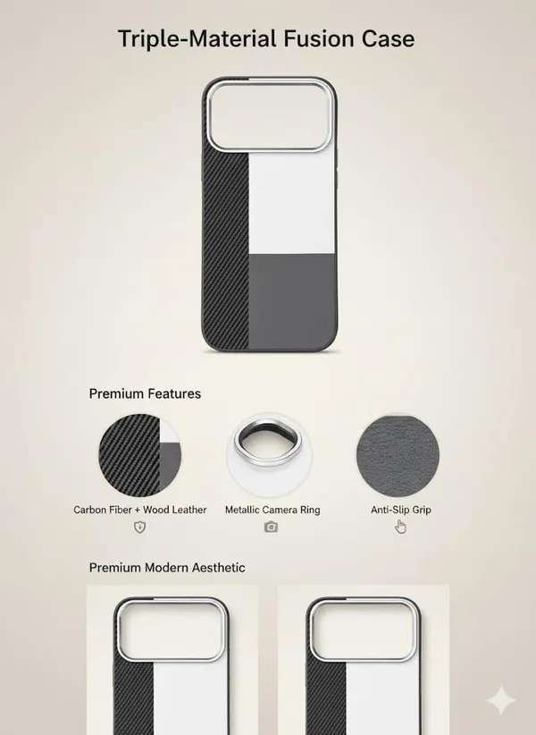 Black_&_White_Tri-Pattern_Case_For_Iphone_17_Pro/Pro_Max,_Carbon_Fiber_With_Brushed_Metal_And_Leather_Design,_Protective_Slim_Cover_(Black-White,_Iphone_17_Pro/Pro_Max)