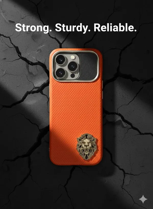 Orange_Luxury_Carbon_Fiber_Case_For_Iphone_17_Pro_Premium_Gold_Lion_Emblem_Design,_Checkered_Pattern