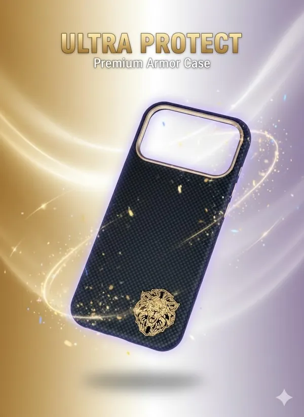 Navy_Blue_Luxury_Carbon_Fiber_Case_For_Iphone_17_Pro_Premium_Gold_Lion_Emblem_Design,_Checkered_Pattern