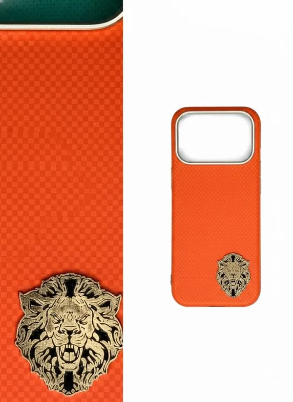 Orange_Luxury_Carbon_Fiber_Case_For_Iphone_17_Pro_Premium_Gold_Lion_Emblem_Design,_Checkered_Pattern