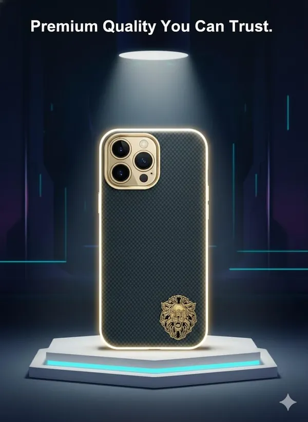 Navy_Blue_Luxury_Carbon_Fiber_Case_For_Iphone_17_Pro_Premium_Gold_Lion_Emblem_Design,_Checkered_Pattern