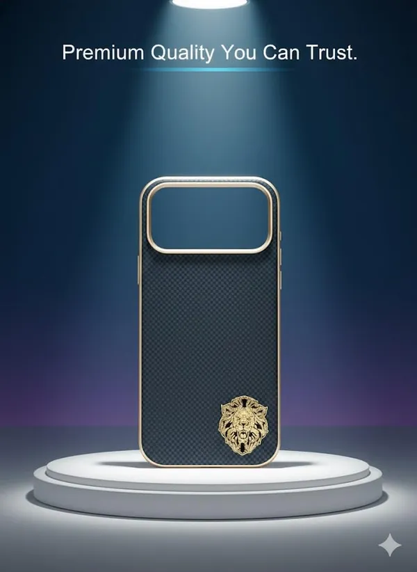 Navy_Blue_Luxury_Carbon_Fiber_Case_For_Iphone_17_Pro_Premium_Gold_Lion_Emblem_Design,_Checkered_Pattern