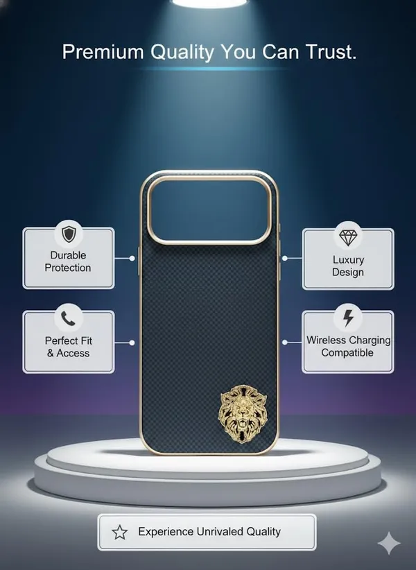 Navy_Blue_Luxury_Carbon_Fiber_Case_For_Iphone_17_Pro_Premium_Gold_Lion_Emblem_Design,_Checkered_Pattern